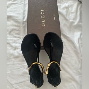 Gucci Black Suede Sandals with Gold Bamboo Ankle Cuff, Size 38
